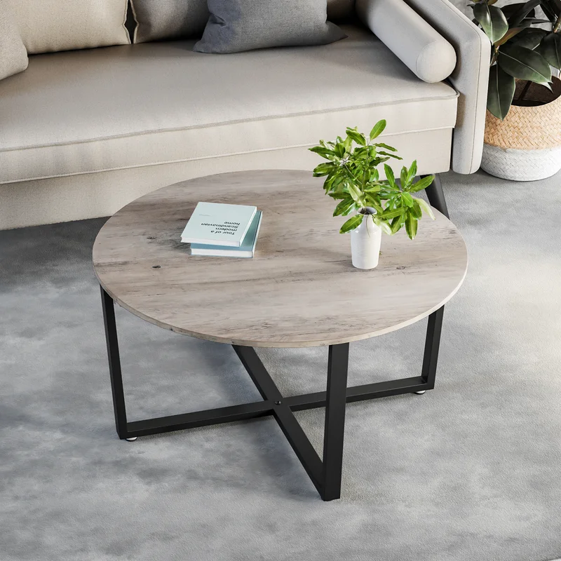 Cross Legs Coffee Table Grey Wooden Coffee Table Top With Metal Legs