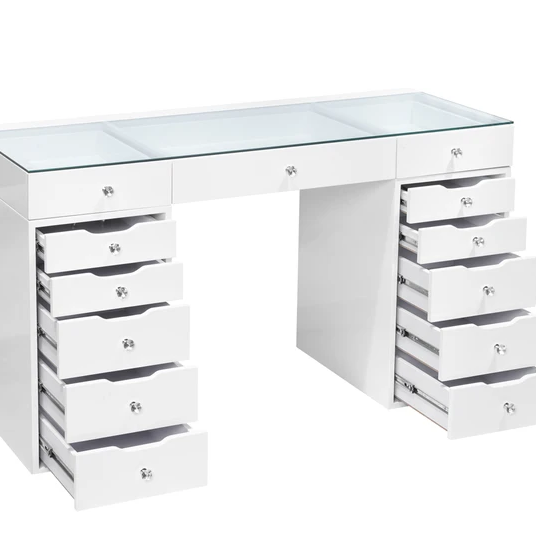 Vanity Table with a clear glass top 3 pull out drawers + 5 Drawers on both side of the table