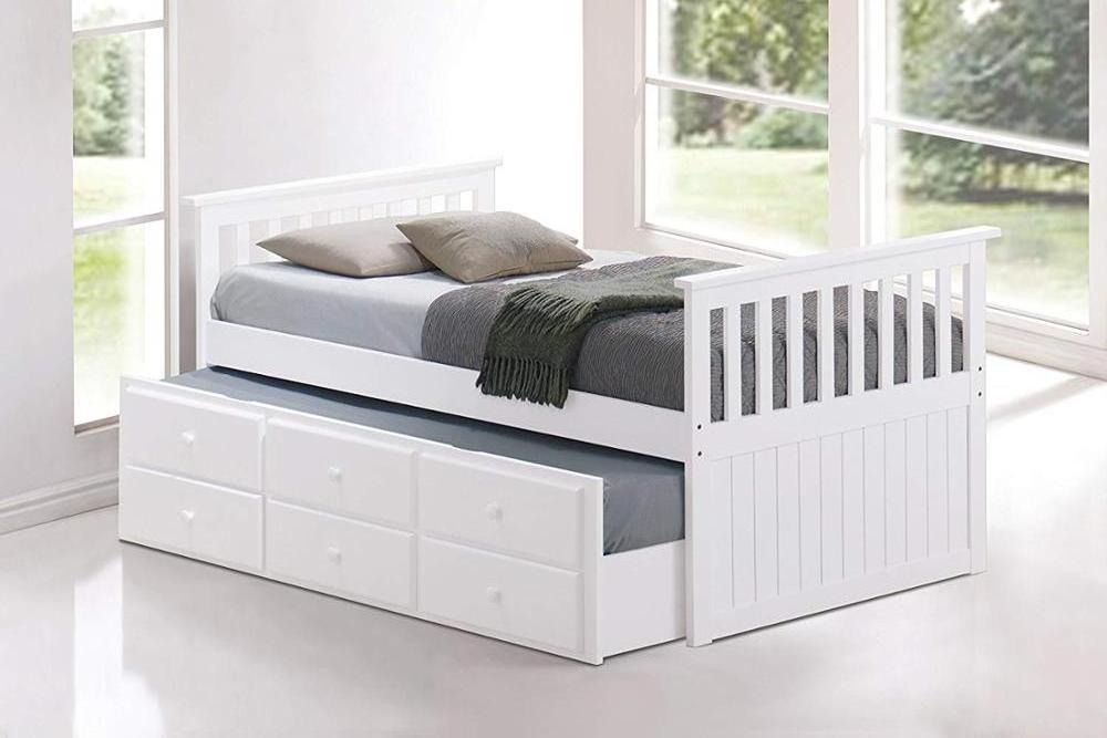 White Wooden Box Bed Design With Drawers Single Double Bed with Trundle Bed and Storage