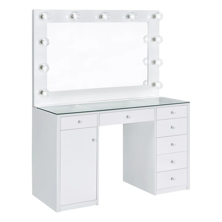 7-Drawer Makeup Vanity Table with LED Hollywood Mirror Lighting Crystal Acrylic Knob Handle Glass Top Dressing Table