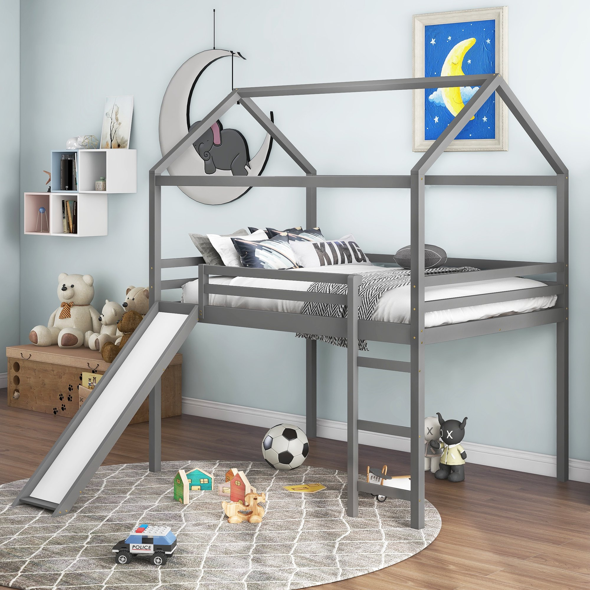 Gray Full Size Kids Loft Bed Wood House Bed with Slide and Ladder