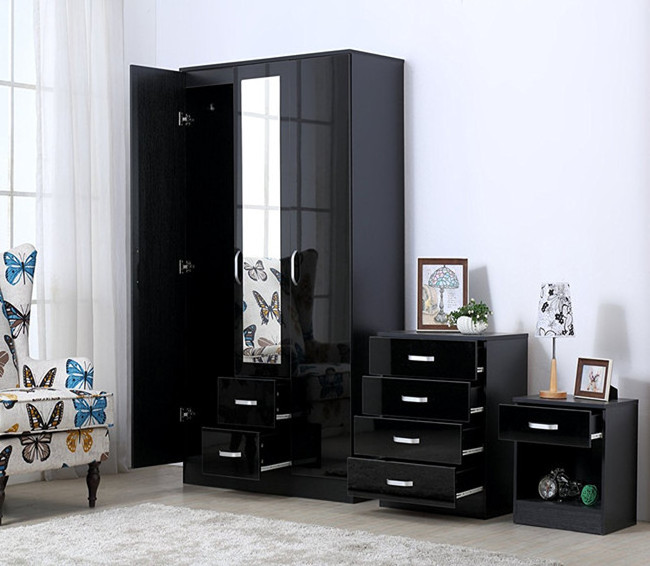 High Gloss Bedroom Furniture Set 3 Door 3 Piece Bedroom Furniture Set - Includes Wardrobe, 4 Drawer Chest, Bedside Cabinet