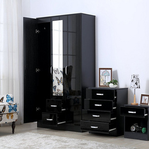 High Gloss Bedroom Furniture Set 3 Door 3 Piece Bedroom Furniture Set - Includes Wardrobe, 4 Drawer Chest, Bedside Cabinet