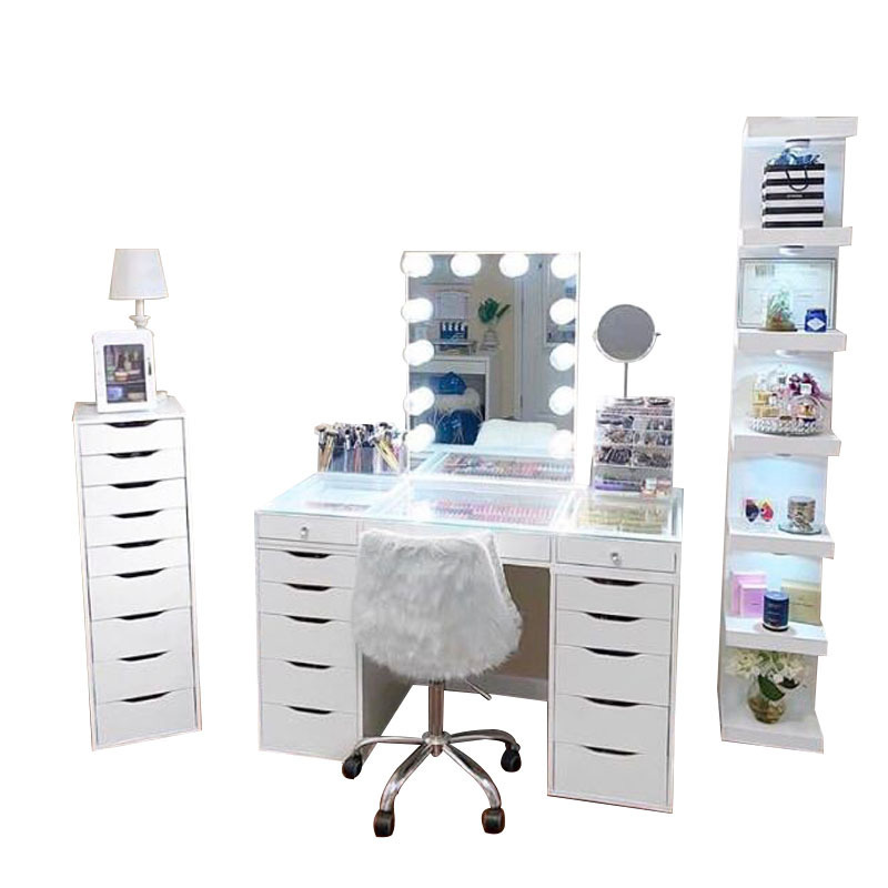 European USA Bedroom Furniture Set Dresser Make Up Vanity LED Makeup Dressing Table With Lighted Mirror