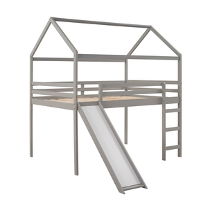 Gray Full Size Kids Loft Bed Wood House Bed with Slide and Ladder