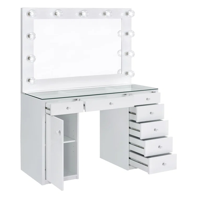 7-Drawer Makeup Vanity Table with LED Hollywood Mirror Lighting Crystal Acrylic Knob Handle Glass Top Dressing Table