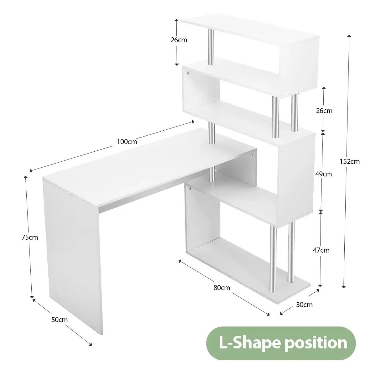 L-Shaped Rotating Home Office Desk Corner PC Computer Table W/ Hutch 4 Tier Bookshelf Storage White