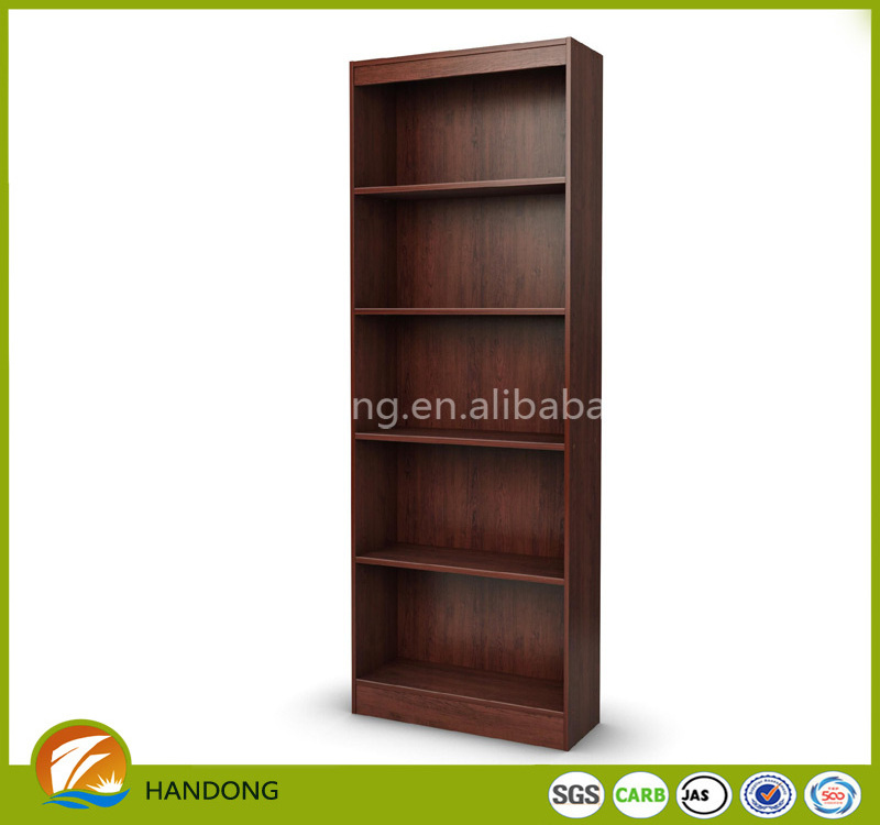 Large tall narrow 5 shelf dark wood vertical corner bookshelf