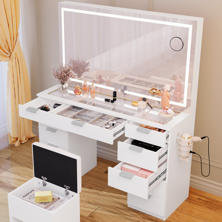 Customized Luxury Makeup Vanity Table Storage Drawer Dressing Table Mirrored Dresser With Light