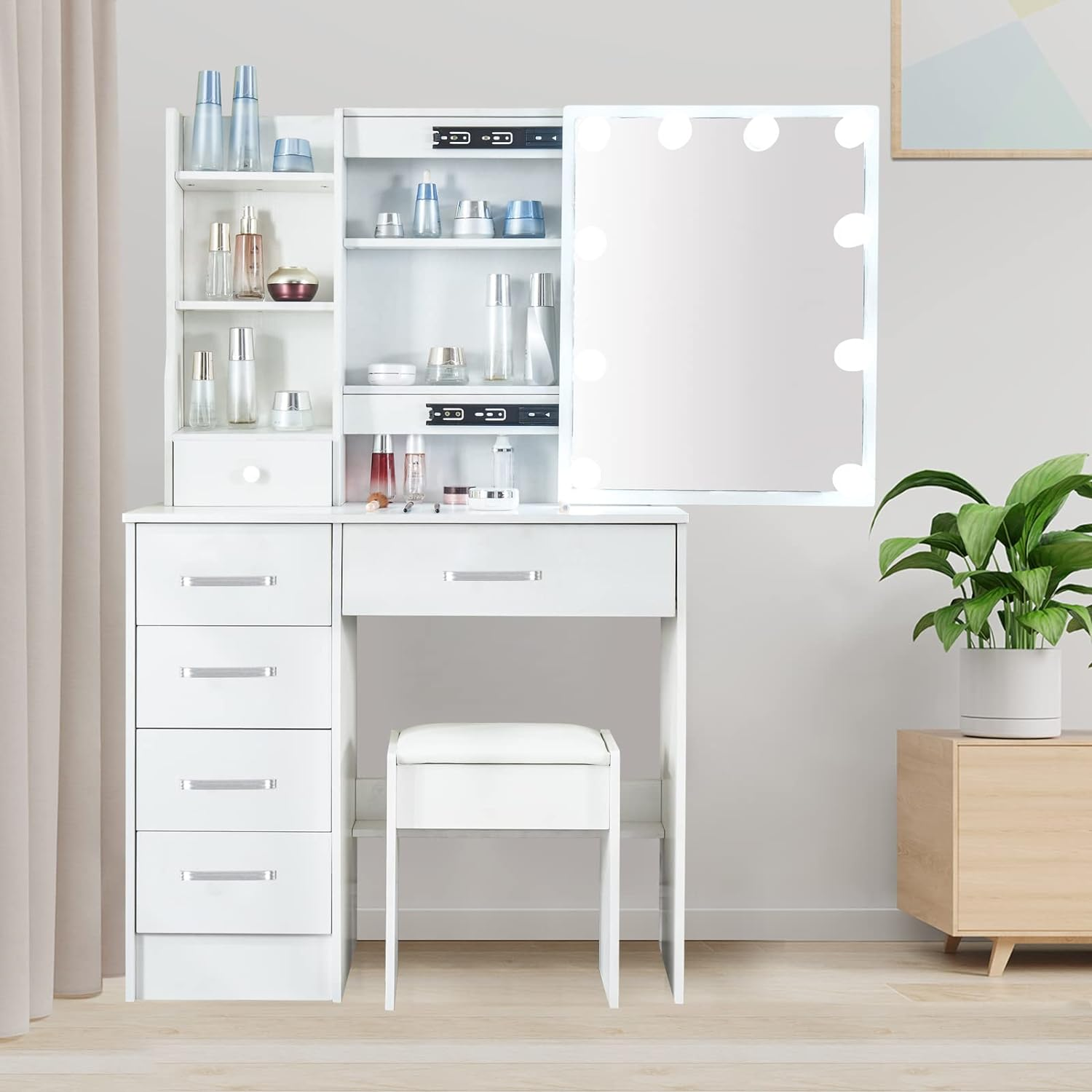 Makeup Vanity Set With Sliding Lighted Mirror Dresser Desk With 5 Storage Drawers Hidden Shelves For Women Girls Bedroom