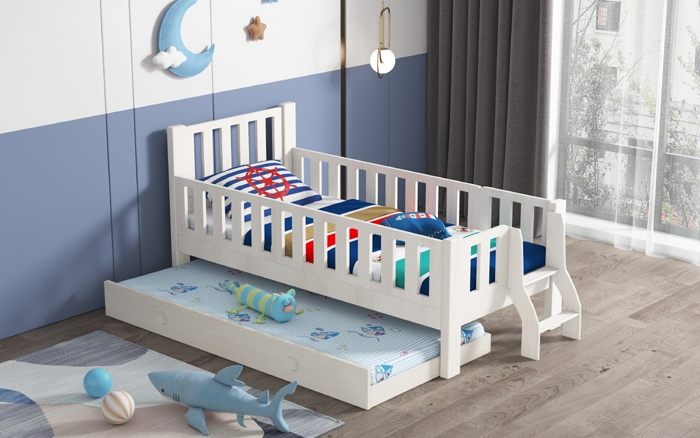 Children Kids Furniture Toddler Single Bed Frame With Fun Ladder Kids Bed Frame With Pullout Bed