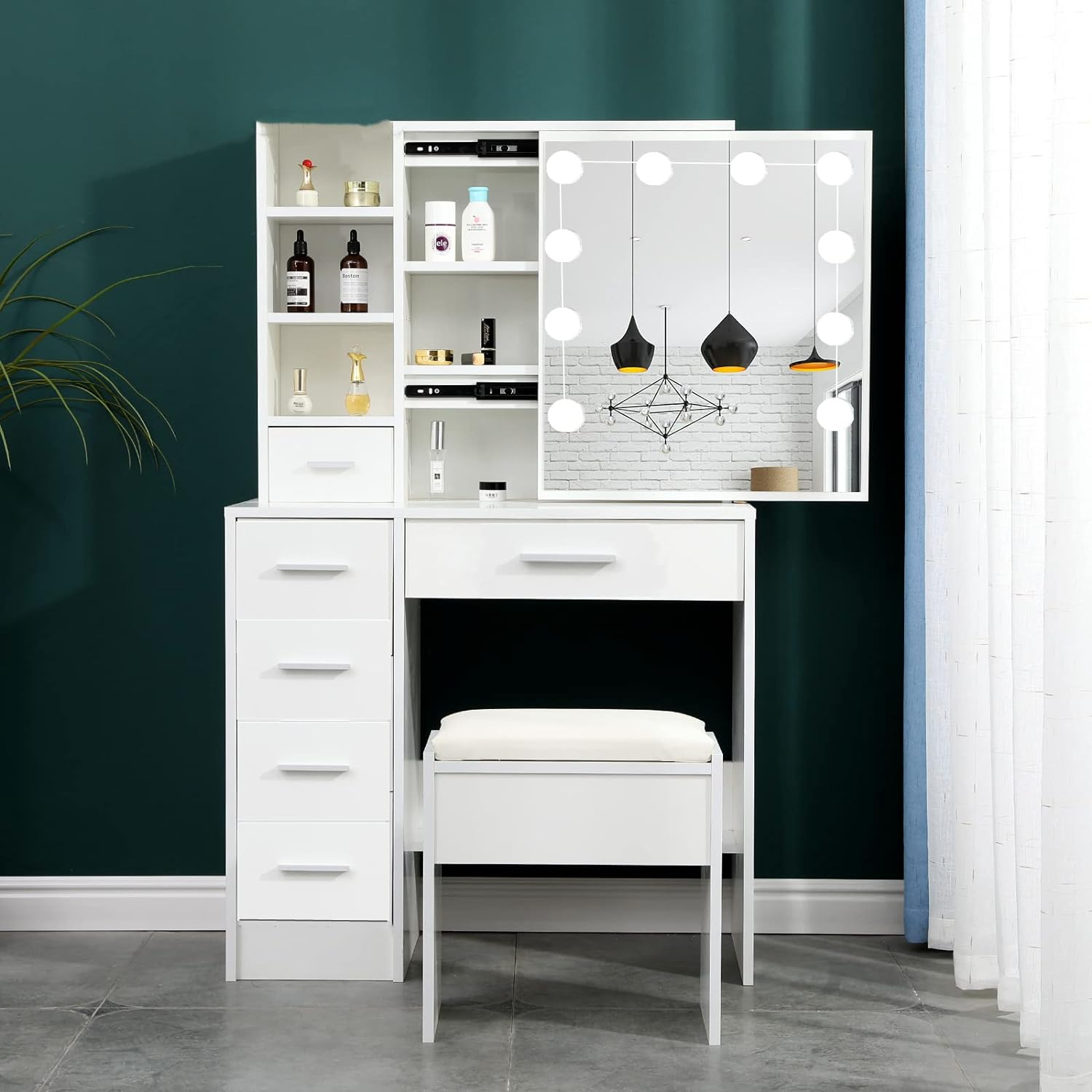 Makeup Vanity Set With Sliding Lighted Mirror Dresser Desk With 5 Storage Drawers Hidden Shelves For Women Girls Bedroom