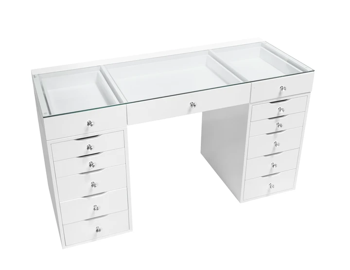 Vanity Table with a clear glass top 3 pull out drawers + 5 Drawers on both side of the table