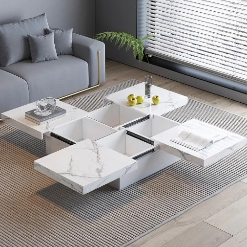 Wood Wholesale Price Modern Square Marble Veneer Coffee Table Sliding Top with Storage