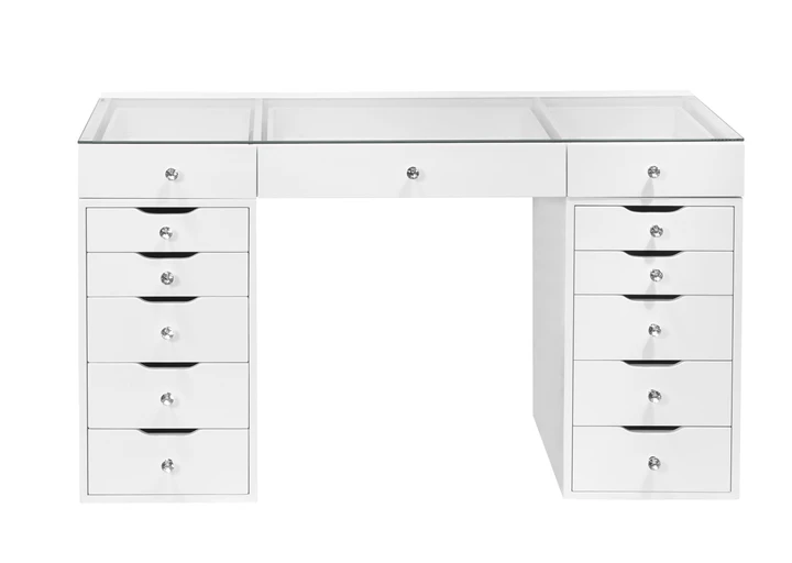 Vanity Table with a clear glass top 3 pull out drawers + 5 Drawers on both side of the table