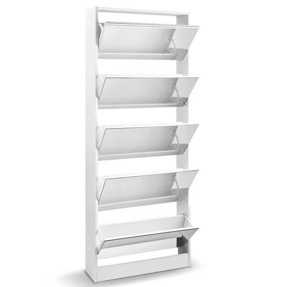 Mirrored Shoe Cabinet Storage 5 Drawers Shelf White