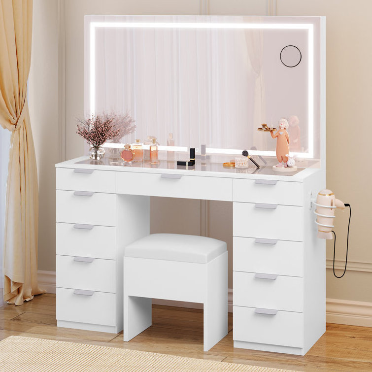 Customized Luxury Makeup Vanity Table Storage Drawer Dressing Table Mirrored Dresser With Light