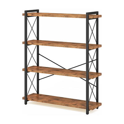 Home Office Library Storage Rack Industrial Wood and Metal Bookcase 4-Tier Open Bookshelf