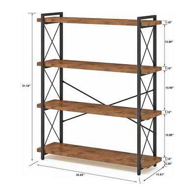 4 Tier Industrial Display Bookcase Metal Frame Rustic Wood Bookshelf with Open Shelving Unit