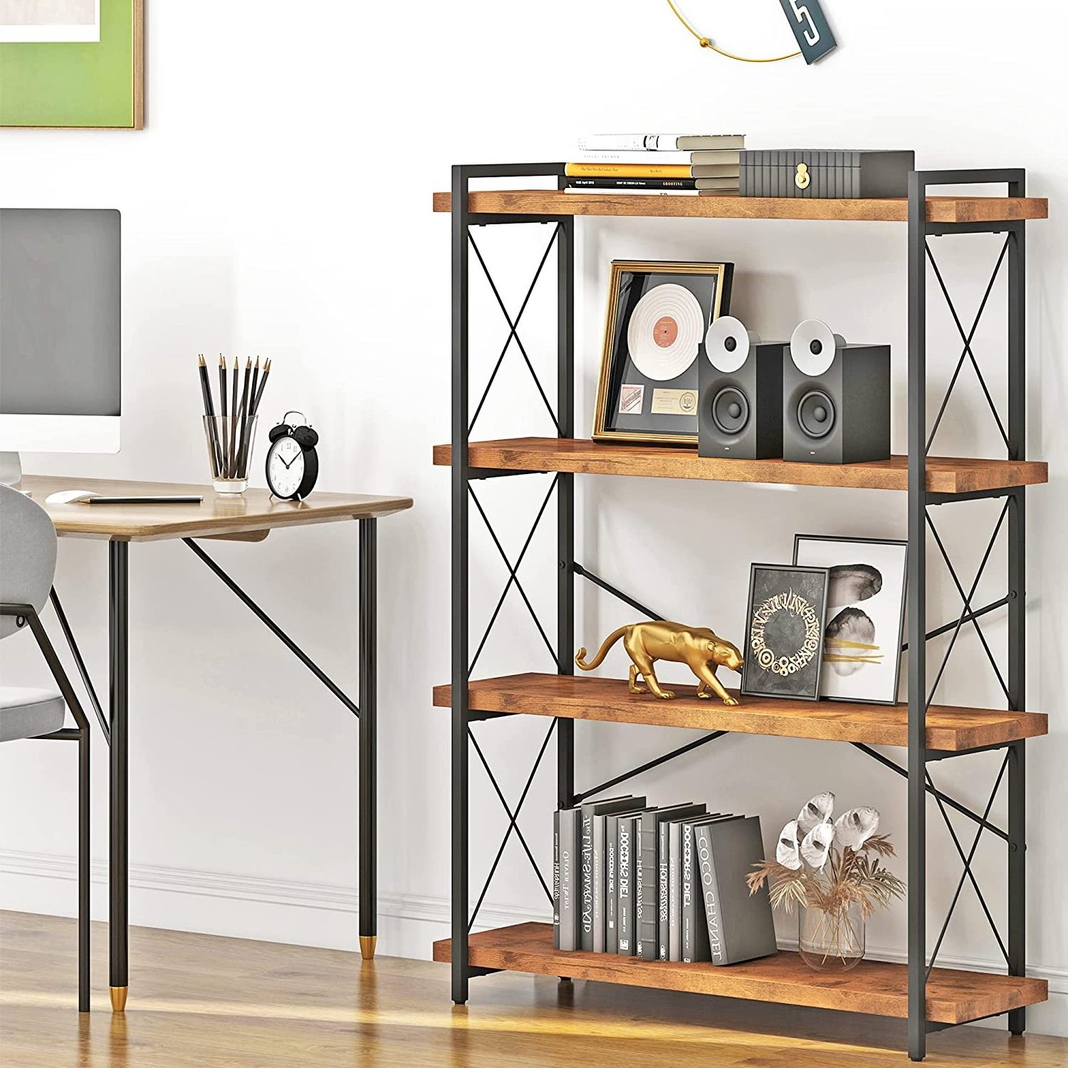 4 Tier Industrial Display Bookcase Metal Frame Rustic Wood Bookshelf with Open Shelving Unit