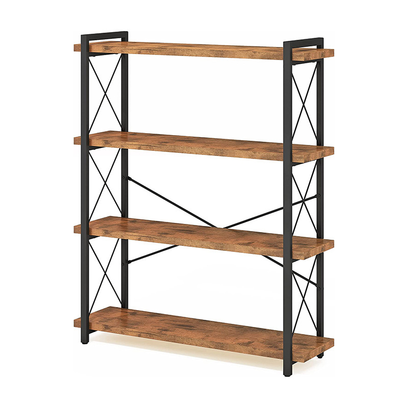 4 Tier Industrial Display Bookcase Metal Frame Rustic Wood Bookshelf with Open Shelving Unit