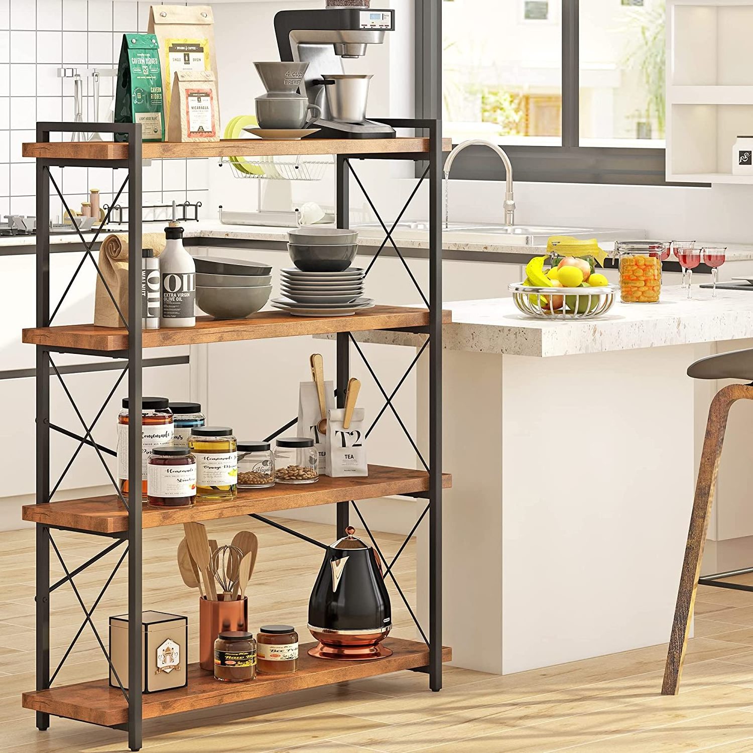 4 Tier Industrial Display Bookcase Metal Frame Rustic Wood Bookshelf with Open Shelving Unit