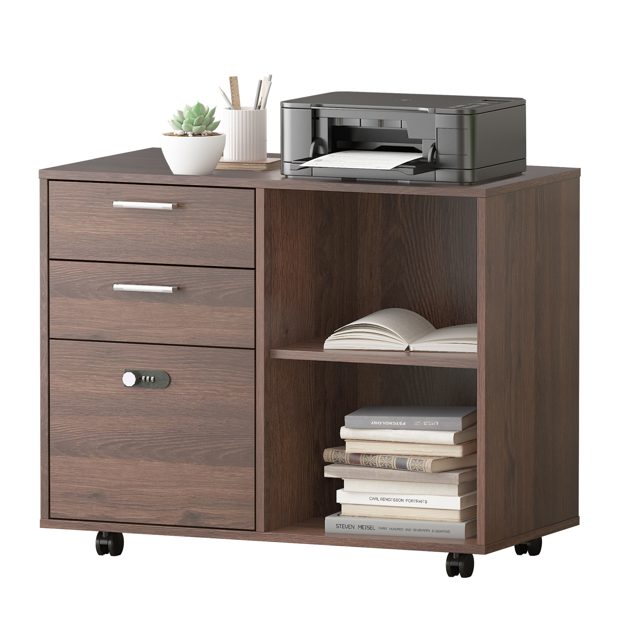 Home Office Desks 3 Drawer Lateral File Cabinet with Lock Mobile Printer Stand with Open Storage Shelf