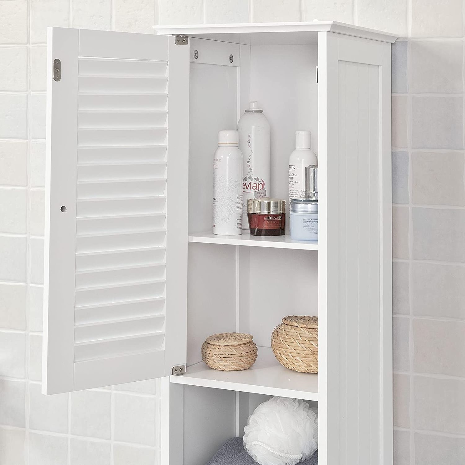 Narrow Thin Corner Cabinet Tall Bathroom Storage Floor Linen Tower Cabinet with Shuttered and Drawer