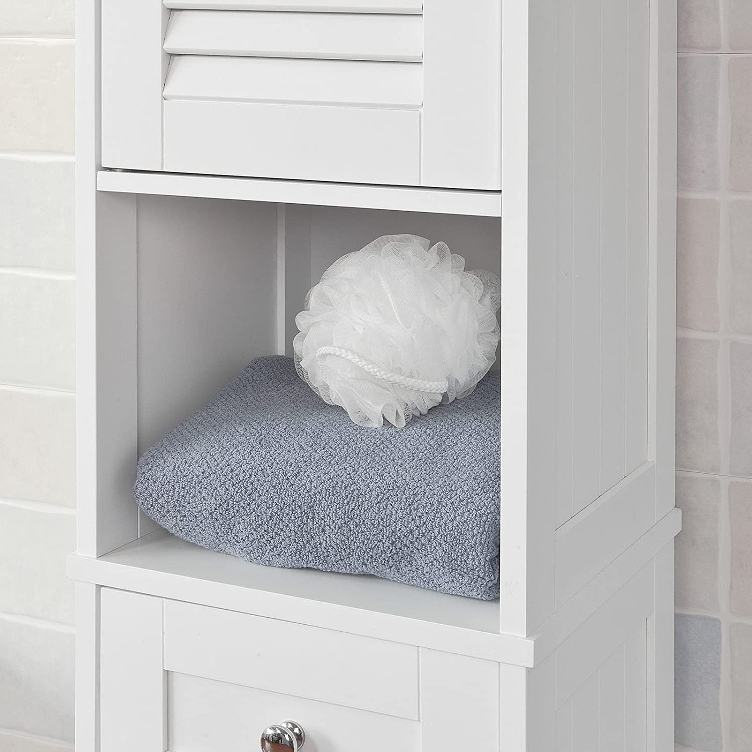 Narrow Thin Corner Cabinet Tall Bathroom Storage Floor Linen Tower Cabinet with Shuttered and Drawer