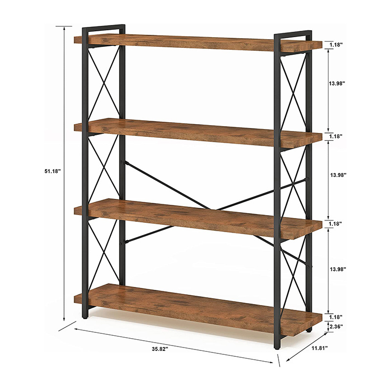 Home Office Library Storage Rack Industrial Wood and Metal Bookcase 4-Tier Open Bookshelf