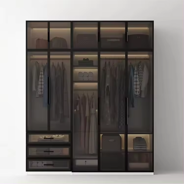 Customized Wooden Panel  Make Bedroom Furniture New Design Wooden Glass Door Swing Wardrobe Cabinet