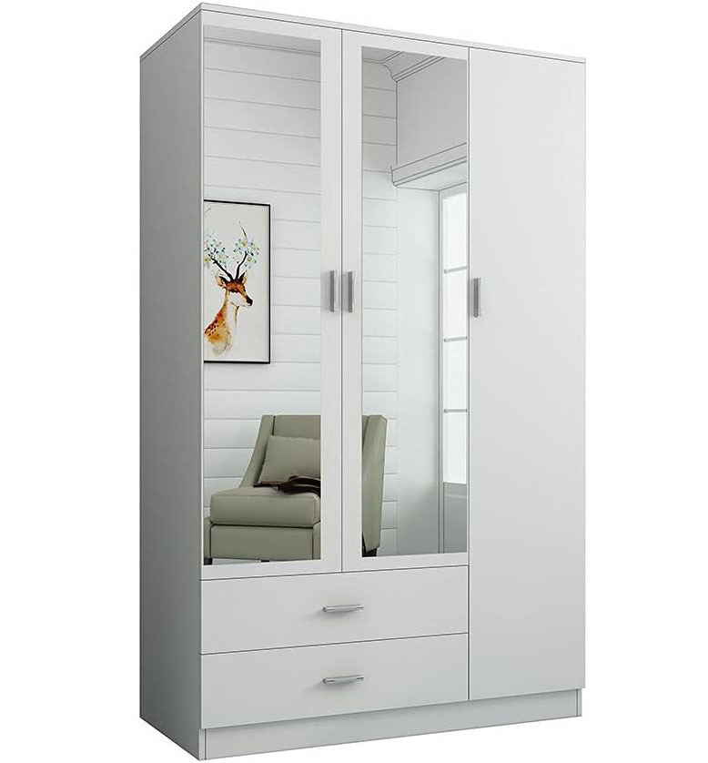 Luxsuite Wardrobe Closet Mirrored Wooden Storage Cupboard Cabinet 3 Door 2 Drawer White