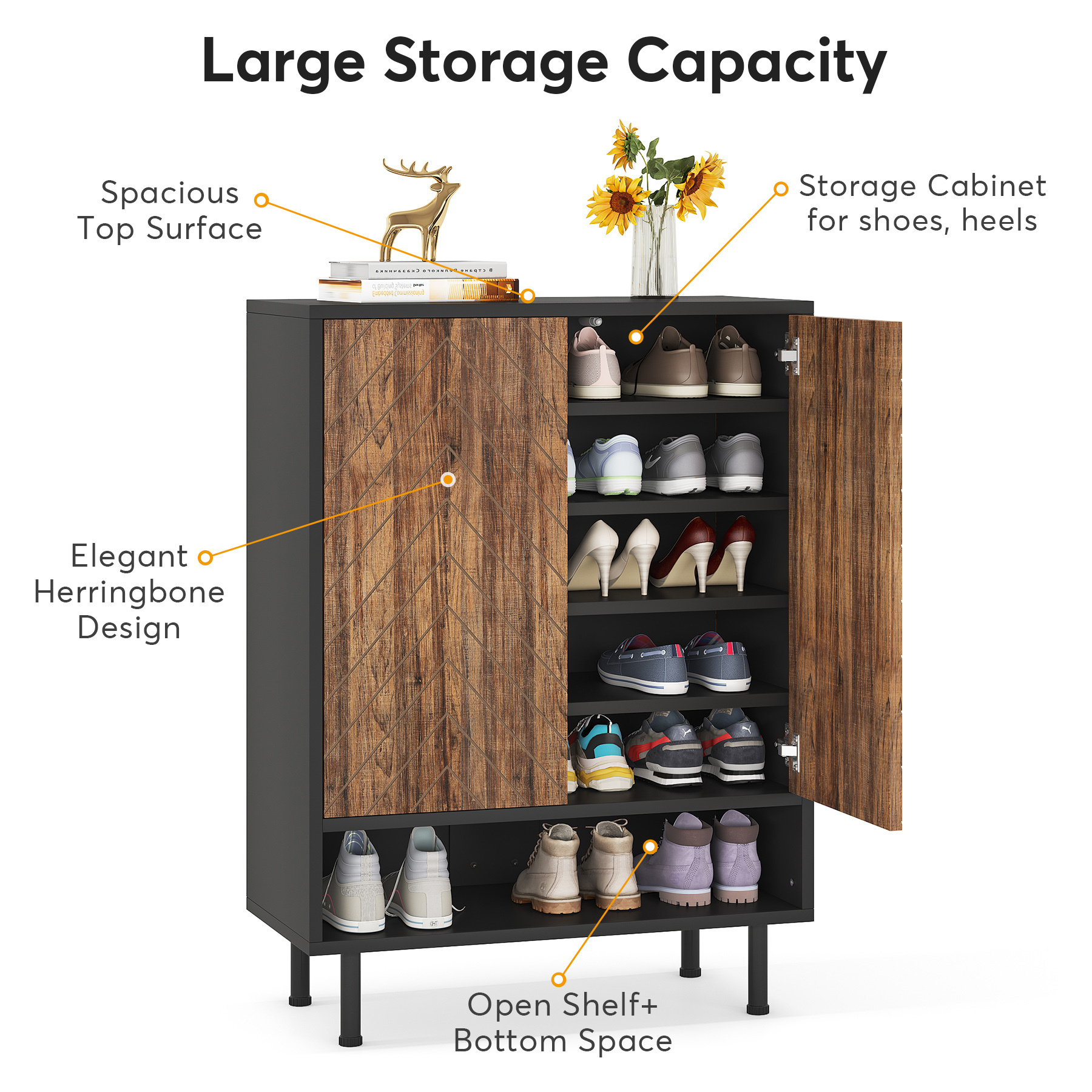 Wooden Panel Black Wooden Living Room Furniture Shoe Rack with Door 6 Tiers Modern Entryway Storage Shoe Cabinet