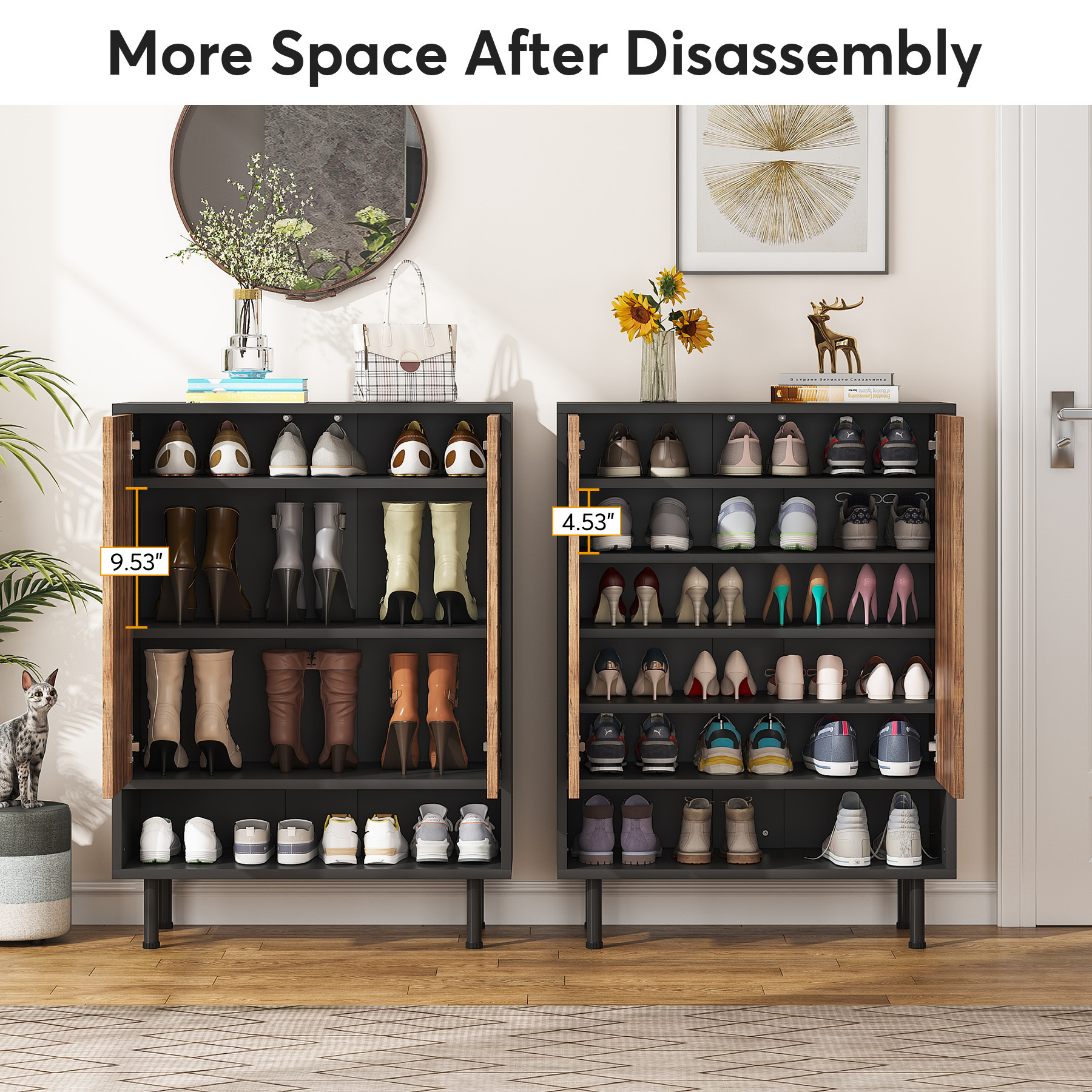 Wooden Panel Black Wooden Living Room Furniture Shoe Rack with Door 6 Tiers Modern Entryway Storage Shoe Cabinet