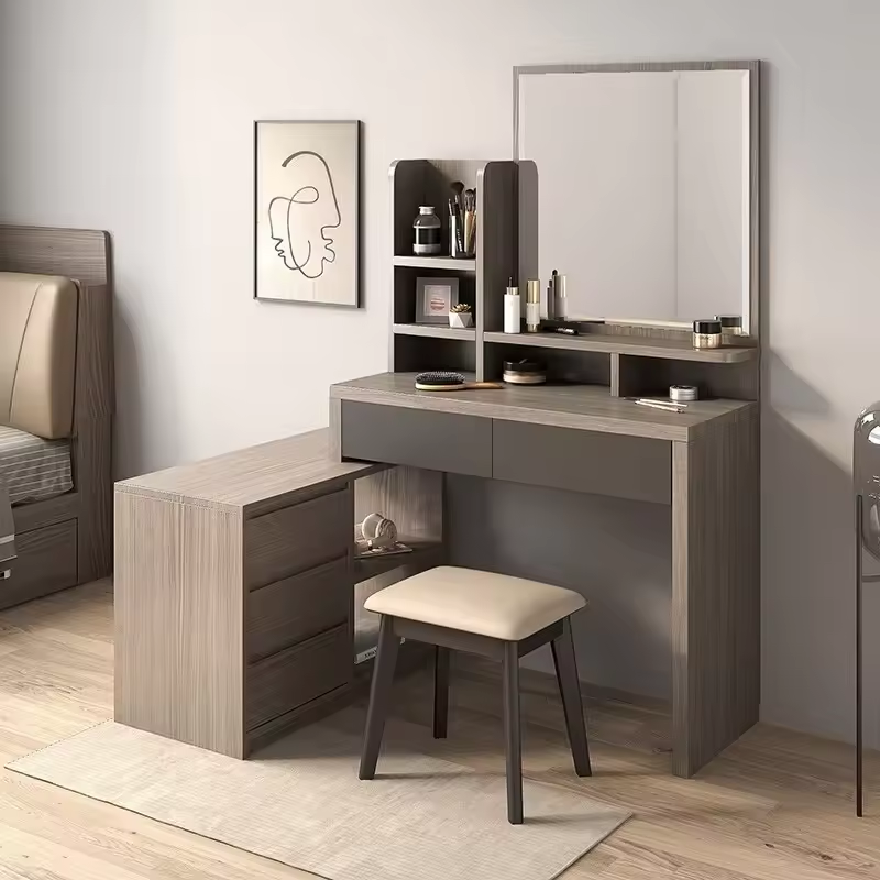 High Quality Bedroom Furniture Wooden Makeup Vanity With Drawers Mirror And Stool Dimmable Vanity Makeup Vanity For Bedroom