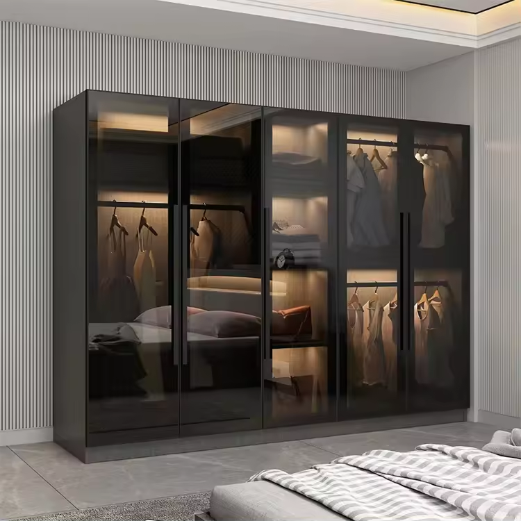 Customized Wooden Panel  Make Bedroom Furniture New Design Wooden Glass Door Swing Wardrobe Cabinet