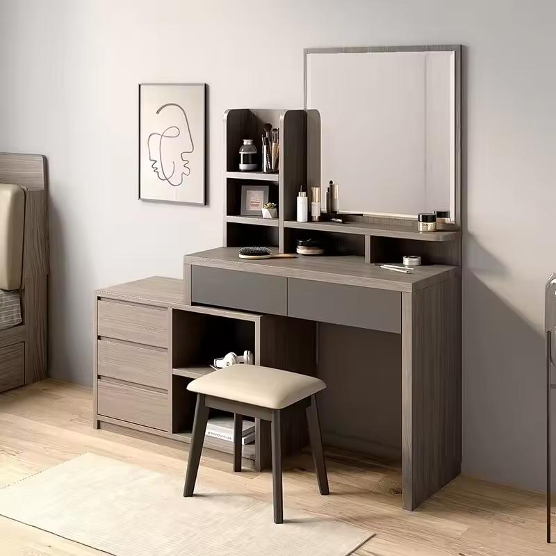 High Quality Bedroom Furniture Wooden Makeup Vanity With Drawers Mirror And Stool Dimmable Vanity Makeup Vanity For Bedroom