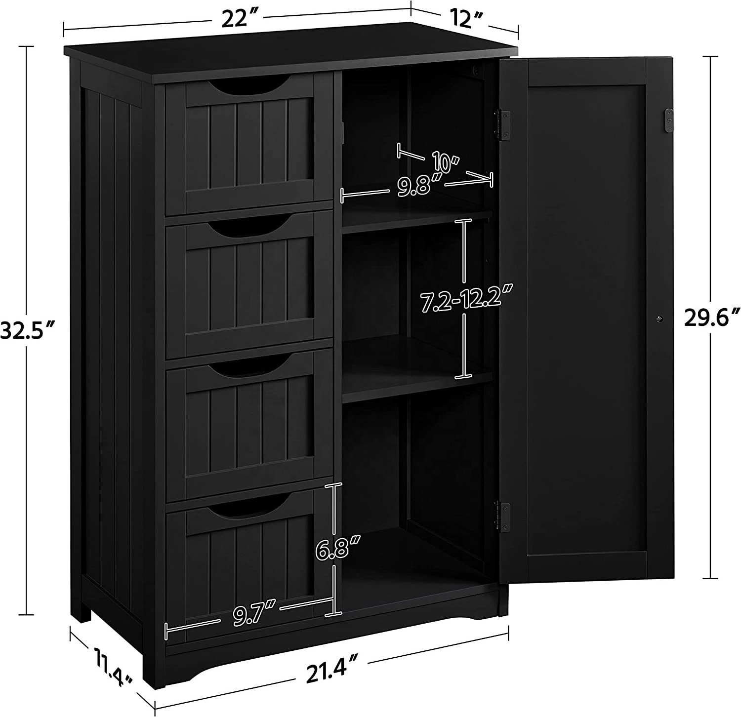 Wooden Bathroom Floor Cabinet, Side Storage Organizer Cabinet with 4 Drawers and 1 Cupboard