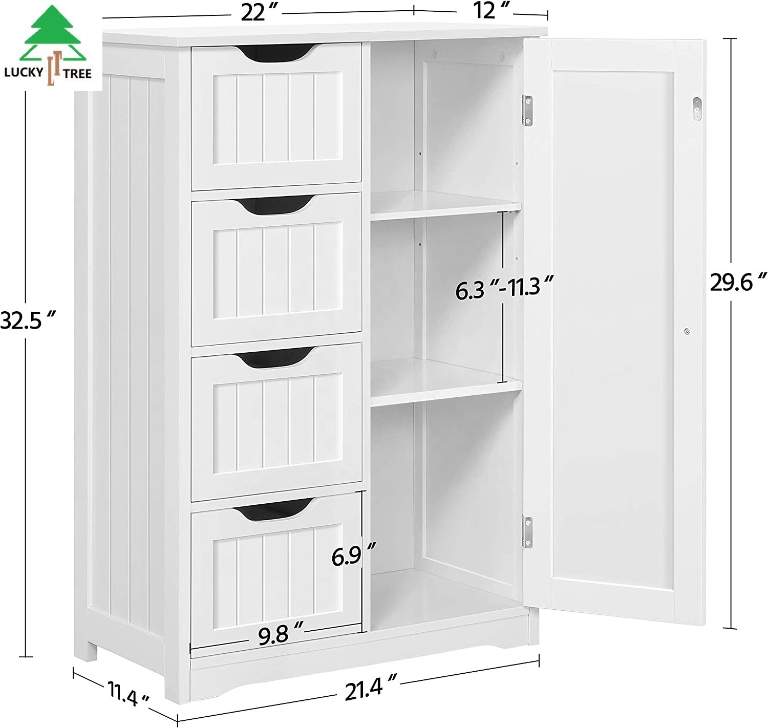 Wooden Bathroom Floor Cabinet, Side Storage Organizer Cabinet with 4 Drawers and 1 Cupboard