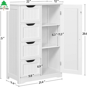 Wooden Bathroom Floor Cabinet, Side Storage Organizer Cabinet with 4 Drawers and 1 Cupboard