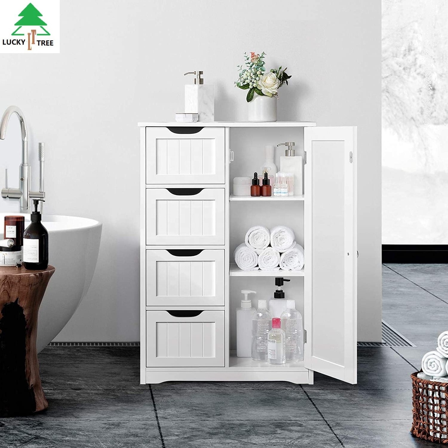 Wooden Bathroom Floor Cabinet, Side Storage Organizer Cabinet with 4 Drawers and 1 Cupboard