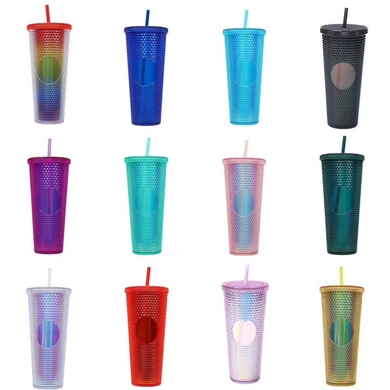 Reusable Drink Cup Colorful Bling Double Wall Plastic Mug 24oz Studded Tumbler With Custom Logo