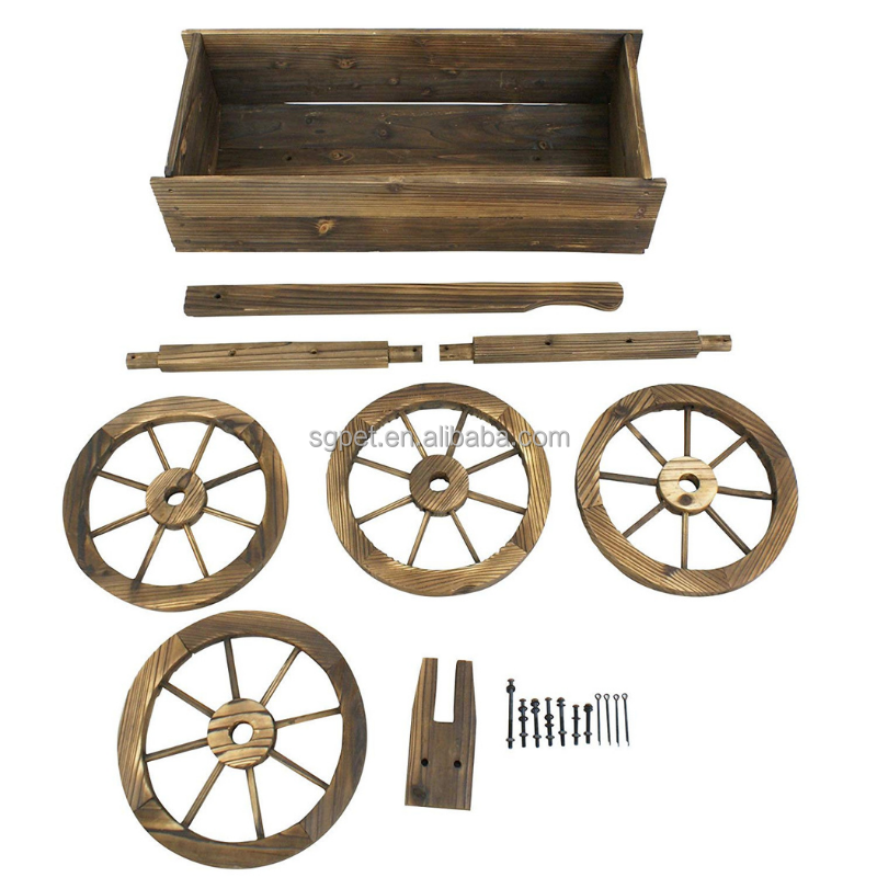 Wood Wagon Flower Planter Pot Stand Garden W/Wheels  Wooden Plant Box  Barrel