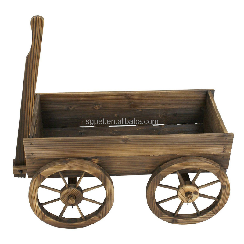 Wood Wagon Flower Planter Pot Stand Garden W/Wheels  Wooden Plant Box  Barrel