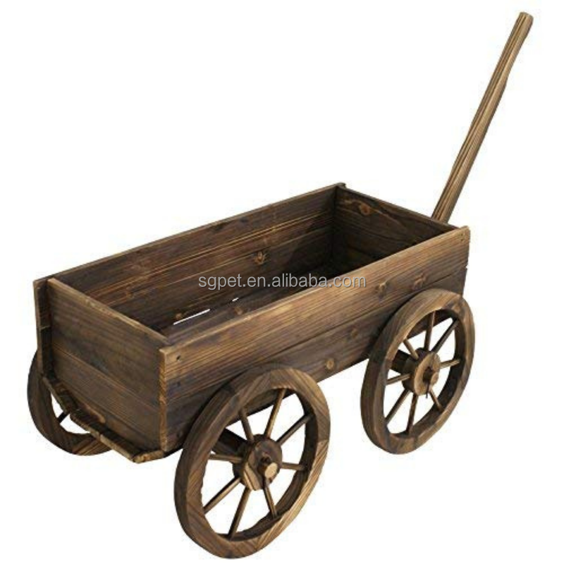 Wood Wagon Flower Planter Pot Stand Garden W/Wheels  Wooden Plant Box  Barrel