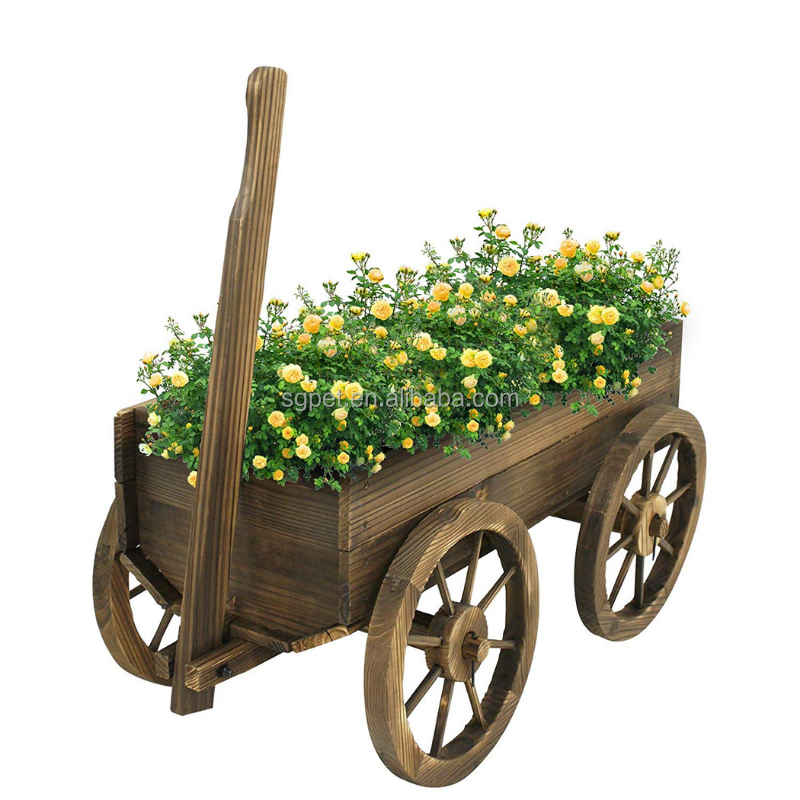 Wood Wagon Flower Planter Pot Stand Garden W/Wheels  Wooden Plant Box  Barrel