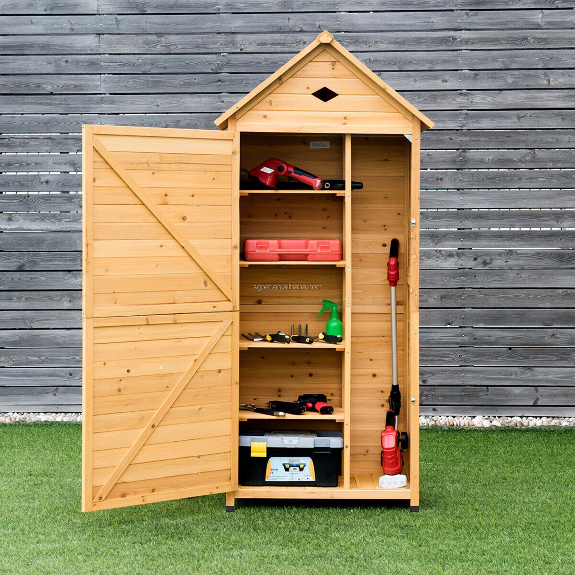 Outdoor Storage Shed Lockable Wooden Garden Tool Storage Cabinet W/ Shelves