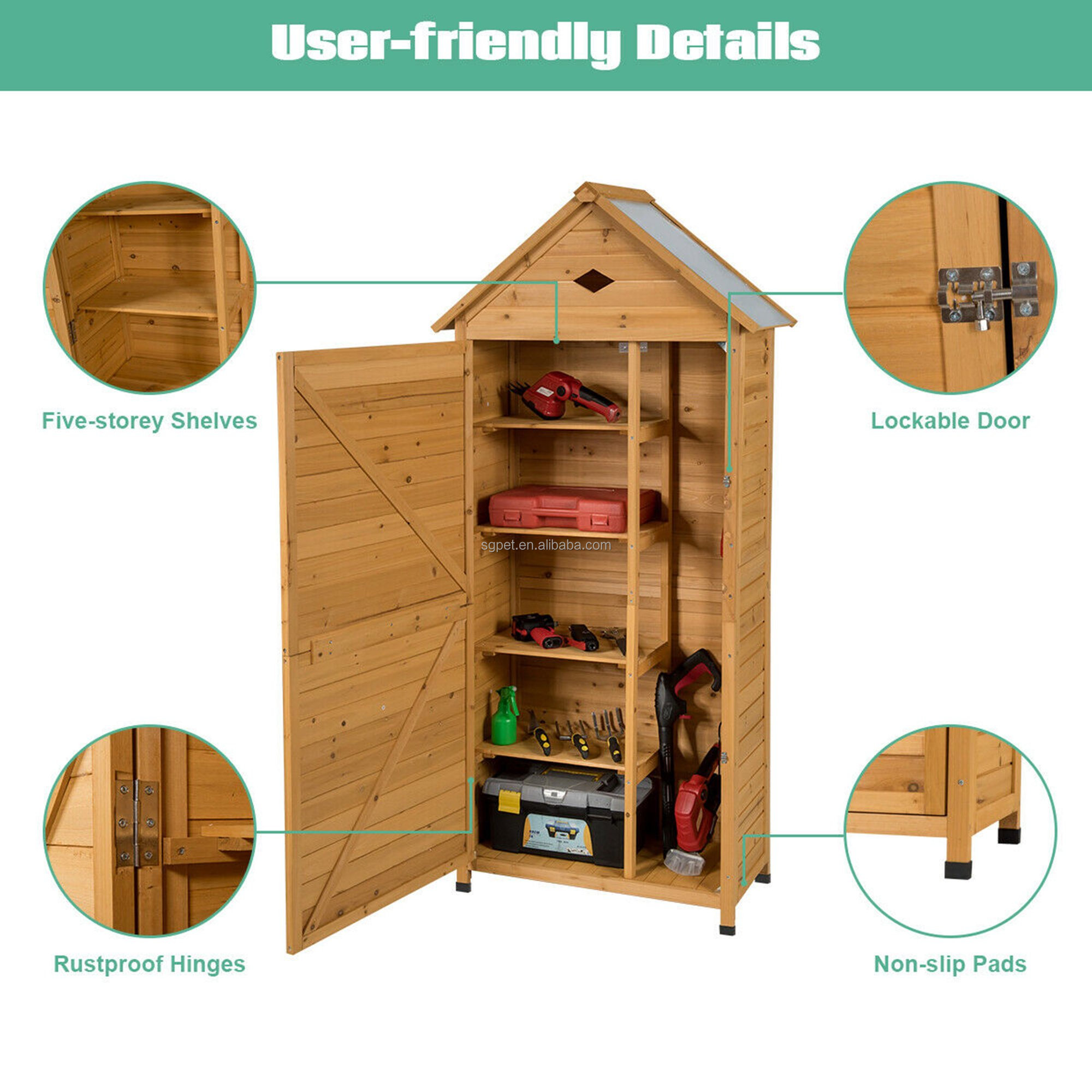 Outdoor Storage Shed Lockable Wooden Garden Tool Storage Cabinet W/ Shelves