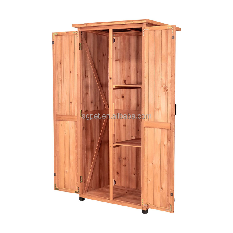 Vertical Storage Shed - Brown - Indoor and Outdoor Wooden Equipment Closet - Lockable Lawn, Garden, Backyard, Patio Tool Cabinet