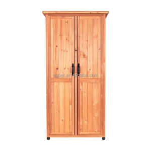 Vertical Storage Shed - Brown - Indoor and Outdoor Wooden Equipment Closet - Lockable Lawn, Garden, Backyard, Patio Tool Cabinet